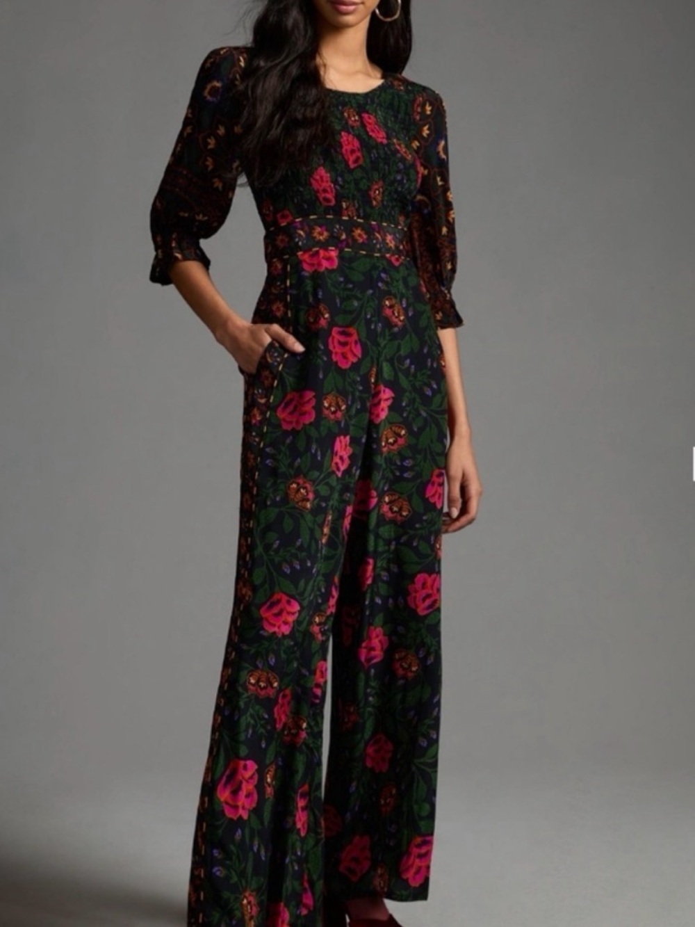 Anthropologie Black Floral Wide-Leg Jumpsuit with Pink & Green Print